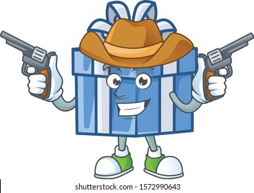Blue gift box cartoon character as a Cowboy holding guns