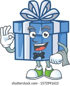 Blue gift box Character on A stylized Waiter look