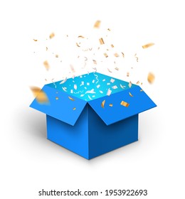 Blue gift box confetti explosion. Magic open surprise gift box package decoration