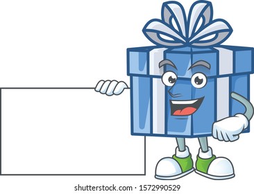 Blue gift box cute cartoon character with a board