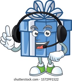 Blue gift box cute cartoon character design with headphone