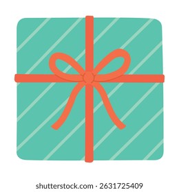 Caja de regalo azul con rayas diagonales y cinta de coral. Diseño de estilo de dibujos animados planos brillantes.