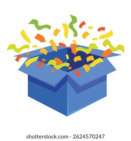 Blue gift box is exploding with colorful confetti