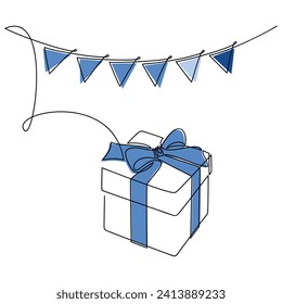 Blue gift box with festive garland flags vector. One line continuous drawing. Hand drawn illustration. Greeting card, print, banner, poster, invitation, brochure, sign, postcard. Baby shower party.