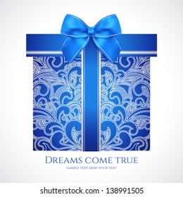 Blue gift box with floral pattern (scroll) and bow (ribbon). Vector celebration symbol (present) for (St' Valentin day, Mother's day, Christmas and other holidays). Background design for greeting card