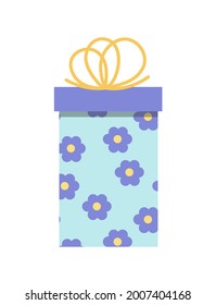 Blue gift box with flowers. Funny birthday present in bright colors with yellow bow. White isolated vector stock illustration EPS 10.