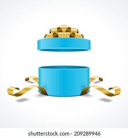 Blue gift box and with gold bow and ribbon vector template isolated on white background 