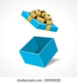 Caja de regalo azul y con una plantilla vectorial de arco y cinta dorada aislada en fondo blanco 