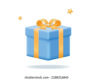 Blue gift box with gold ribbon. Realistic 3d icon for sale concept, present, birthday or wedding banners. Vector illustration isolated on white background.