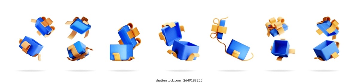 Blue gift box with gold ribbon for special event. Surprise package for celebration. Present delivery and holiday wishes concept.