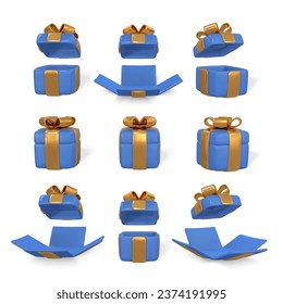 Caja de regalo azul con arco dorado. Caja de plástico con sombra aislada en el fondo de la luz. Ilustración vectorial.