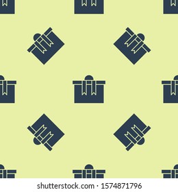 Blue Gift box icon isolated seamless pattern on yellow background. Merry Christmas and Happy New Year.  Vector Illustration