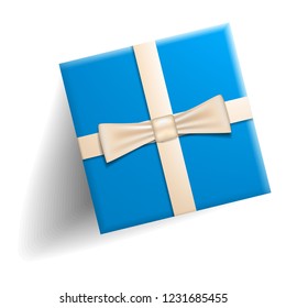 Blue gift box icon. Realistic illustration of blue gift box vector icon for web design isolated on white background