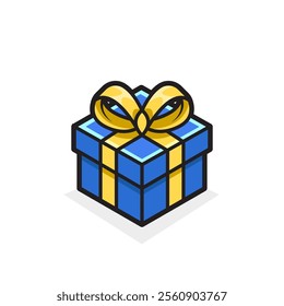 Blue Gift Box Illustration with a Yellow Ribbon and Decorative Bow