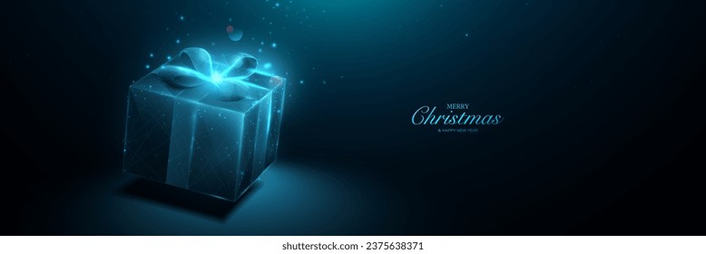 Blue gift box on dark background. New Year and Birthday Banner. Low polygon, lines, Starry, and style design. Illustration vector