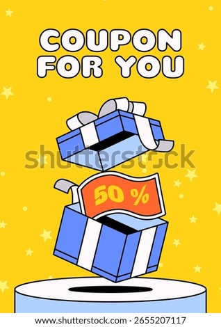 Blue gift box opening to reveal a 50% discount coupon on a yellow background with stars. Great for promotions, sales, or ecommerce marketing