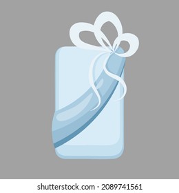 Regalo azul, caja de regalo en papel azul con cinta azul, arco azul claro, ilustración vectorial de dibujos animados.