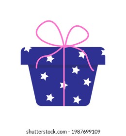 Blue gift box with pink ribbon. White stars print. Vector illustration in flat style. Colorful wrapped. Sale, holidays, shopping concept. 