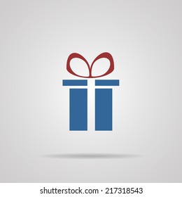 blue gift box with red bow icon with shadow. Vector illustrations