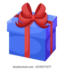 Blue gift box with red bow. Vector illustration of cartoon flat cute color present isolated on white background. Christmas or birthday present, anniversary or Valentine`s day gift box.