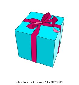 Blue gift box with red ribbon isolated on white background