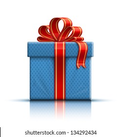 Blue gift box with a red ribbon and a bow. Vector illustration