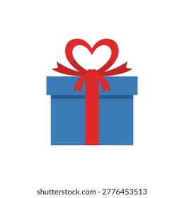 A blue gift box with a red ribbon tied in a bow and heart shape on top, symbolizing love and appreciation, ideal for Valentine's Day or special occasions.