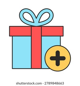 A blue gift box with a red ribbon and blue bow is paired with a yellow circle containing a black plus sign. The image uses simple bold outlines and flat colors.