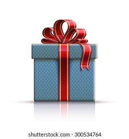 Caja de regalo azul con una cinta roja y un arco. Ilustración del vector