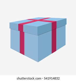 Blue gift box with red ribbon. Present icon. Isolated on white background. Flat vector stock illustration