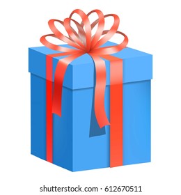 Blue gift box with red ribbon icon. Flat illustration of blue gift box with red ribbon vector icon for web