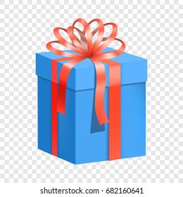 Blue gift box with red ribbon icon. Flat illustration of blue gift box with red ribbon vector icon for web