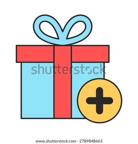 A blue gift box with a red ribbon and blue bow is paired with a yellow circle containing a black plus sign. The image uses simple bold outlines and flat colors.