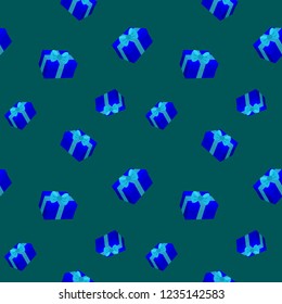 Blue Gift box seamless pattern on green background. Vector illustration