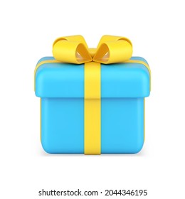Blue gift box side view 3d icon. Celebration surprise tied gold ribbon with patterned on top. Festive shopping with solemn box for birthday and anniversary. Isolated realistic vector