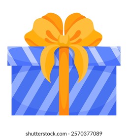 Blue gift box in strips with yellow bow. Vector illustration of cartoon flat cute color present isolated on white background. Christmas or birthday present, anniversary or Valentine`s day gift box.