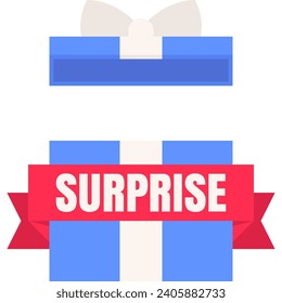 Blue gift box with surprise ribbon in flat design for using as banner, poster for advertising