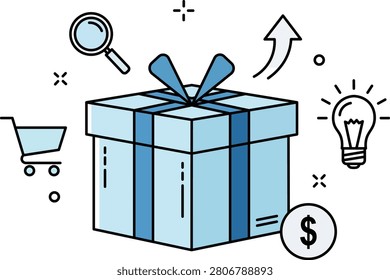 Blue gift box with symbolizing shopping, discovery, growth, and profit ribbon shoppingcart