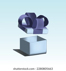 Caja de regalo azul con arco violeta. presente sin caja. Ilustración vectorial 3D aislada en azul claro. Festival, vacaciones, concepto de celebración. 