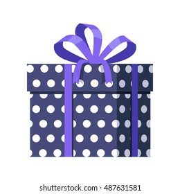 Blue gift box with white dots isolated. Present box with fashionable ribbon and bow. Decorative stylish wrap for presents package. Modern packing product. Gift container web icon sign symbol. Vector