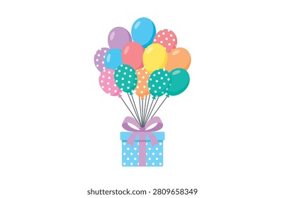 A blue gift box with white polka dots and a purple ribbon has a bunch of colorful balloons tied to it, on a white background.