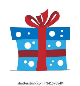 Blue gift box with white polka dots and red bow isolated on white with drop shadow