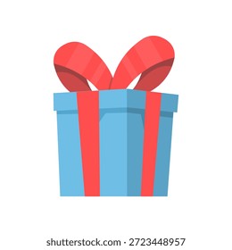 Caja de regalo azul envuelta con cuerda de cinta roja. Ilustración vectorial para la celebración, sorpresa, vacaciones, y conceptos de ocasión especial en diseño moderno limpio.