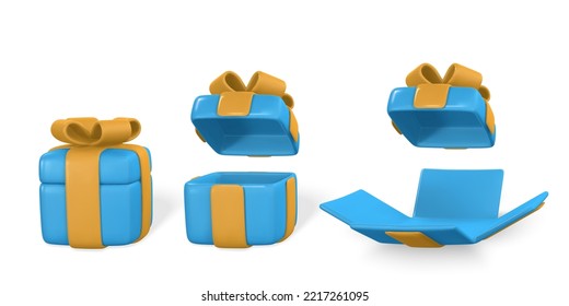 Blue gift box with yellow bow. Plastic box with shadow isolated on white background. Vector illustration.