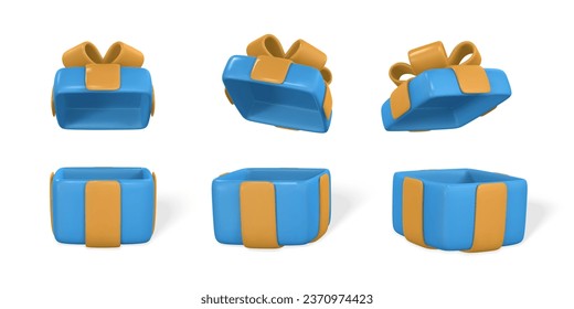 Caja de regalo azul con arco amarillo. Caja de plástico con sombra aislada sobre fondo blanco. Ilustración vectorial.