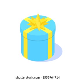 Blue gift box with yellow ribbon on white background. Vector isometric illustration.