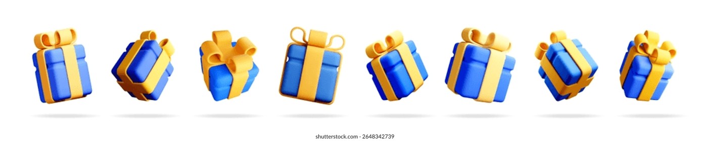Blue gift box with yellow ribbon rotating in different angles. Holiday present for birthday or Christmas celebration. Special delivery concept.