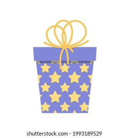 Blue gift box with yellow stars. Funny birthday present in bright colors with yellow bow. White isolated vector stock illustration EPS 10. 