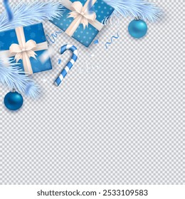 Blue gift boxes with bows, glossy confetti, striped candy cane and frosted pine branches on a transparent background with copy space creating a festive Christmas or winter holiday-themed design.