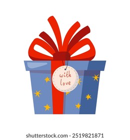 Blue gift boxes in festive wrapping paper with stars, bow and label with love. Presents for Christmas, New year holiday, birthday or different party. Flat vector illustration isolated on white